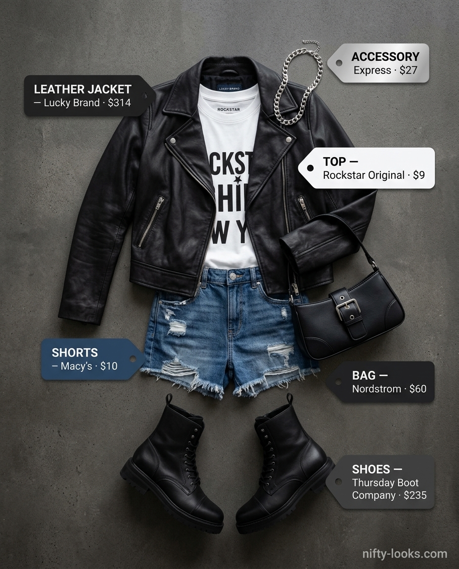 Summer leather jacket outfits for women 2026: Black leather moto jacket with denim shorts, graphic tee, and combat boots.