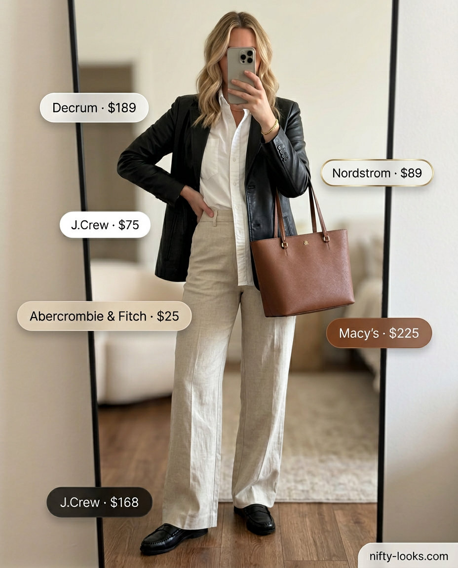 Summer leather jacket outfits for women 2026: Black leather blazer jacket over white shirt and beige trousers for brunch.