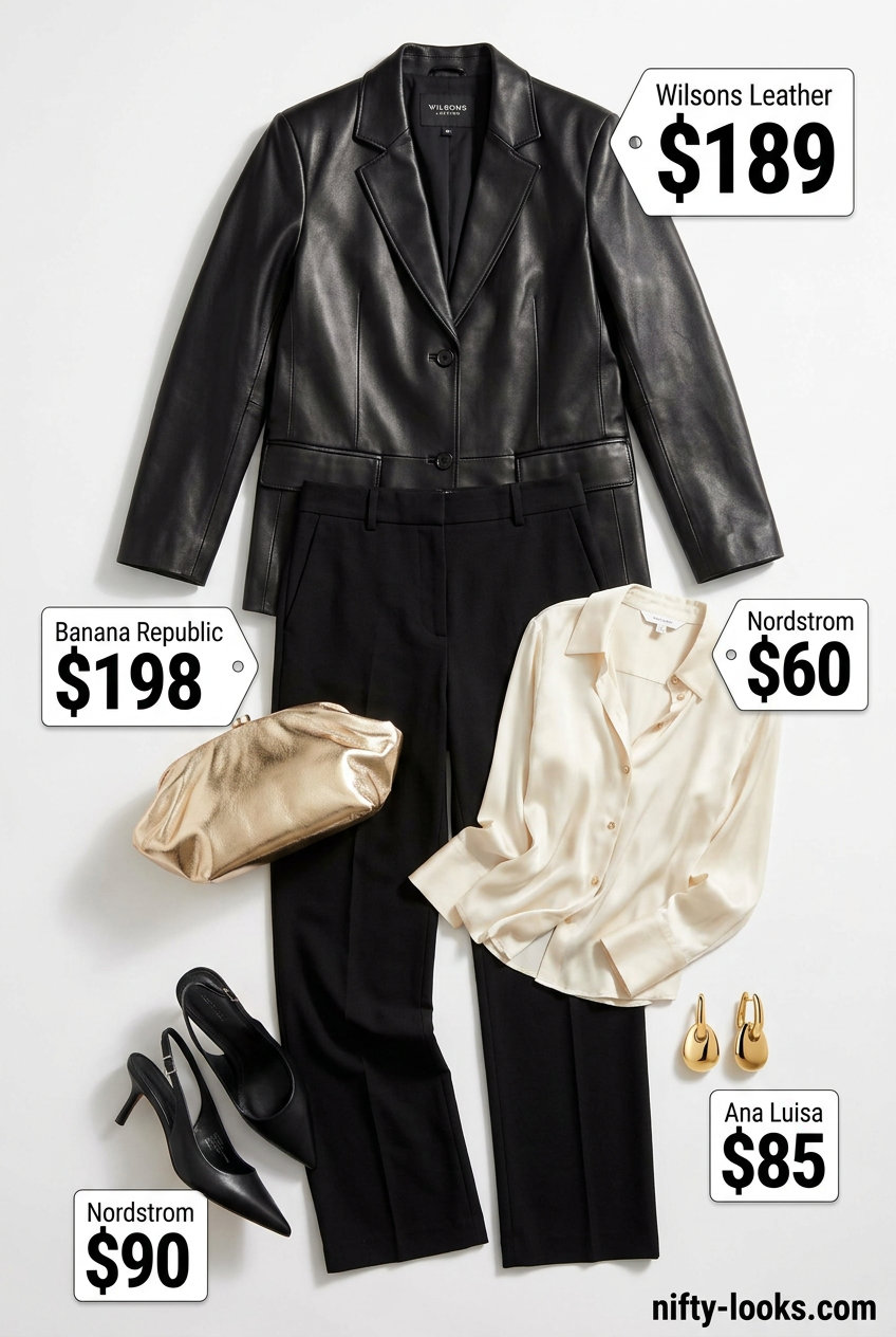 Summer leather jacket outfits for women 2026: Black blazer jacket with trousers, silk blouse, pumps & clutch for dinner.
