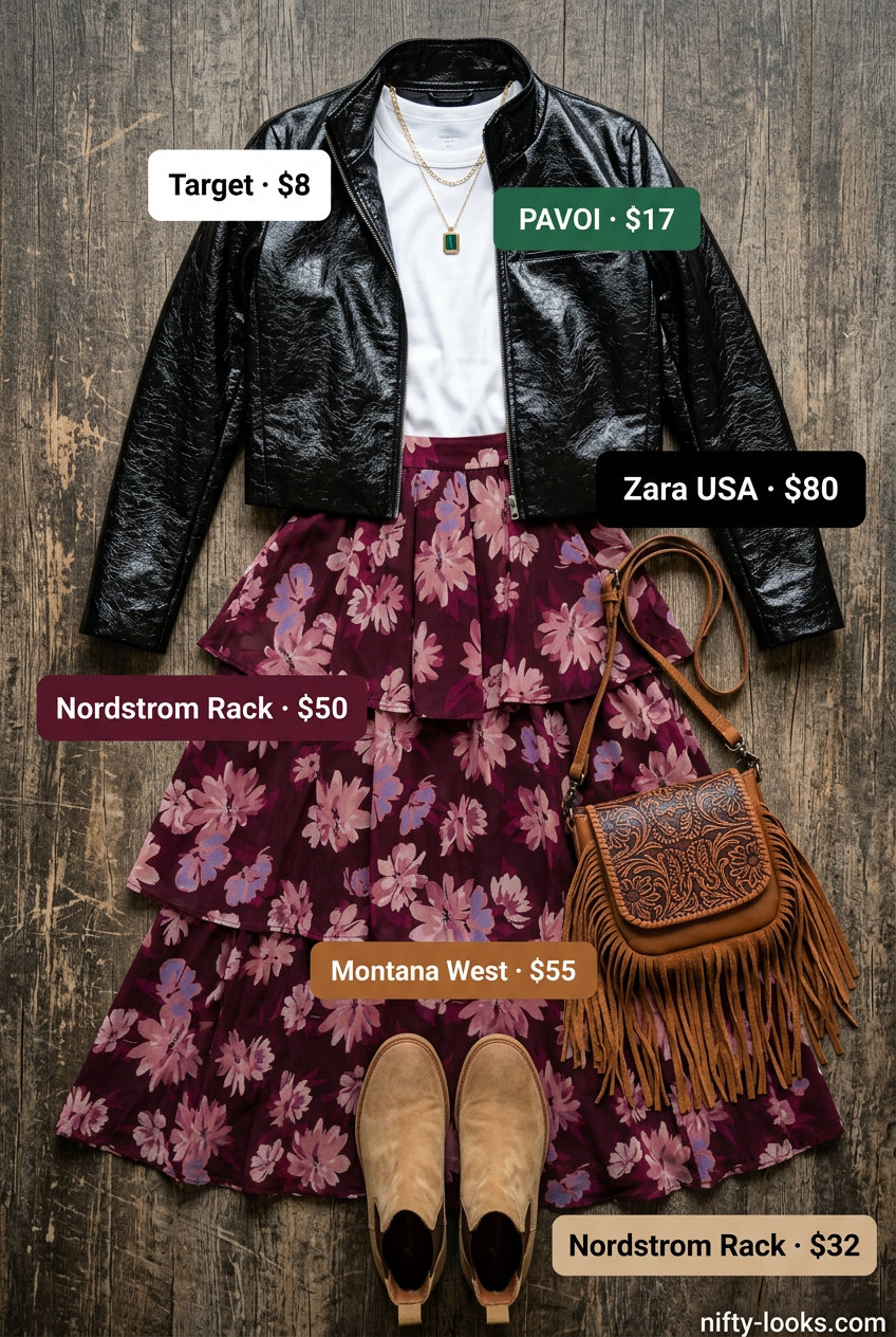 Summer leather jacket outfits for women 2026: Black biker jacket with floral maxi skirt, tank top, suede boots & crossbody bag.