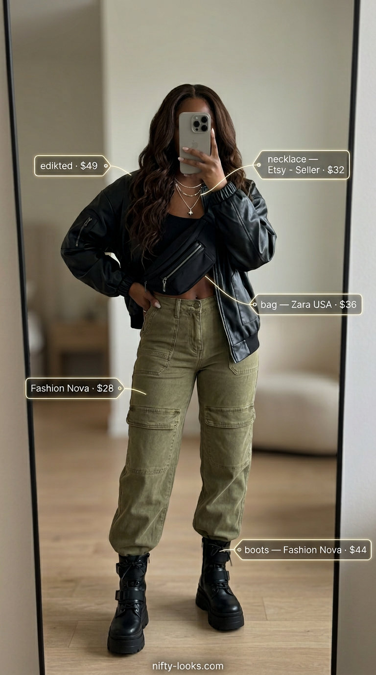 Summer leather jacket outfits for women 2026: Black bomber jacket with cargo pants, graphic tee, combat boots & belt bag.