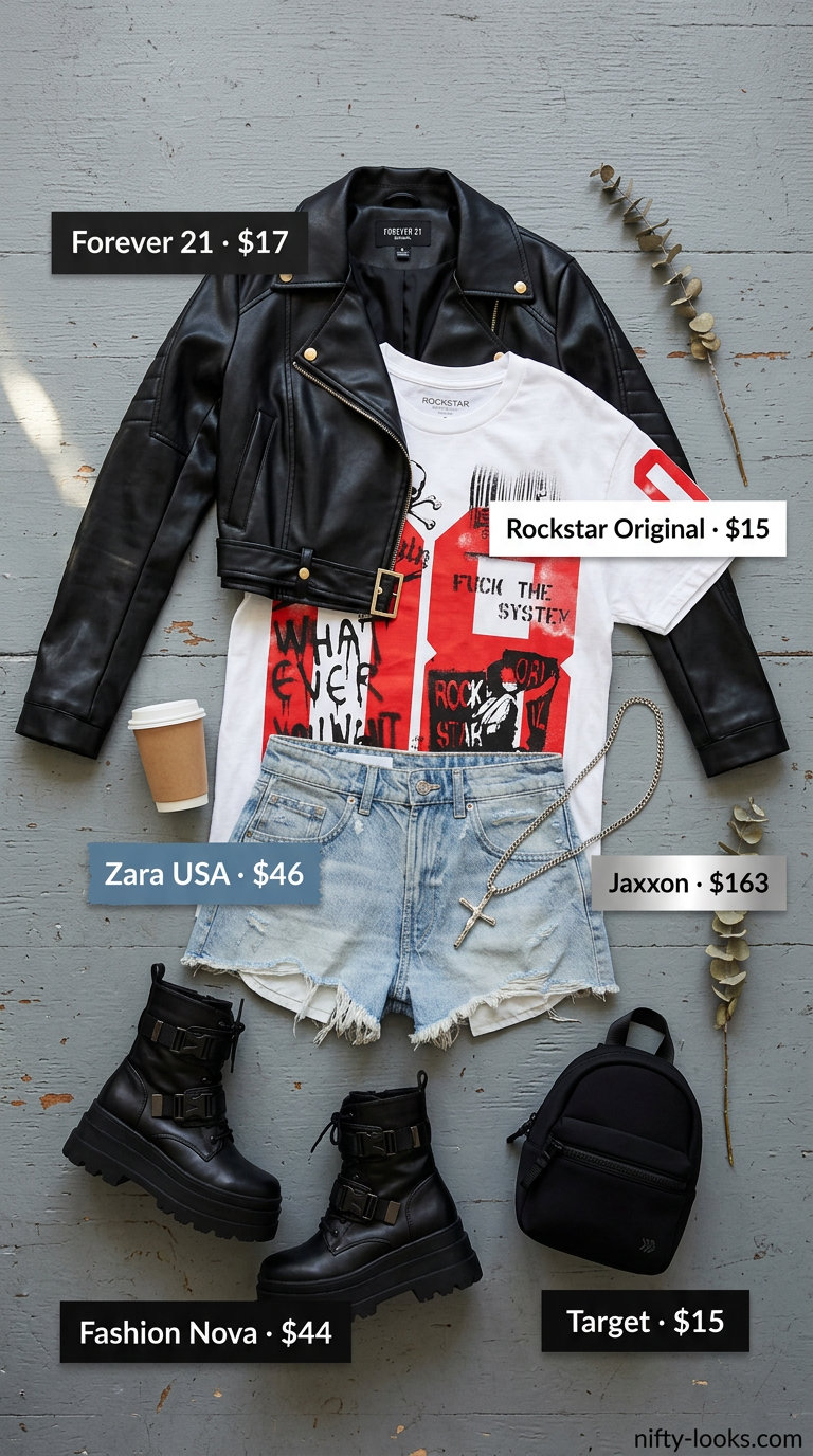 Summer leather jacket outfits for women 2026: Black moto jacket with ripped denim shorts, graphic tee, combat boots & backpack.