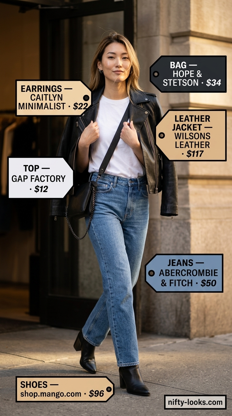 Summer leather jacket outfits for women 2026: Black moto jacket with straight leg jeans, basic tee, ankle boots & crossbody bag.