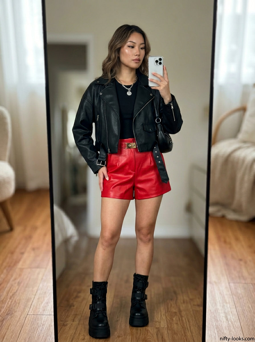 Summer leather jacket outfits for women 2026: Black moto jacket with red faux leather shorts, tank top & combat boots.