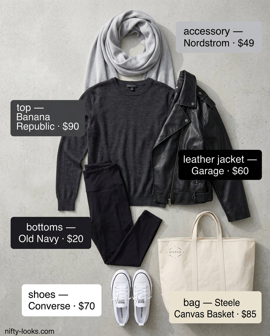 Summer leather jacket outfits for women 2026: Black faux leather jacket with grey knit, leggings, scarf & sneakers for travel.