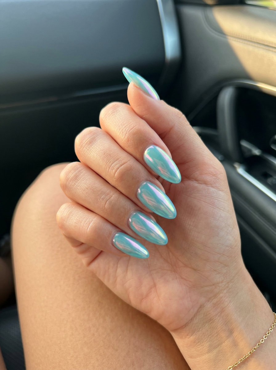 Aqua Blue Glazed Donut nails: Summer manicure colors 2026 for beach trips & festivals. Pearlescent shift.