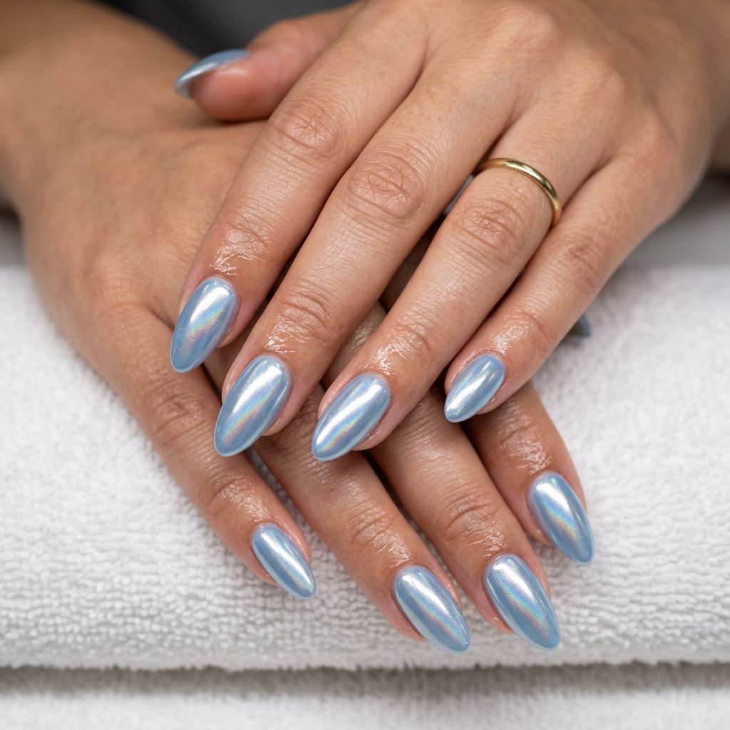 Baby Blue Clear Chrome Liquid Metal: Summer manicure colors 2026 for festivals & parties. Edgy.