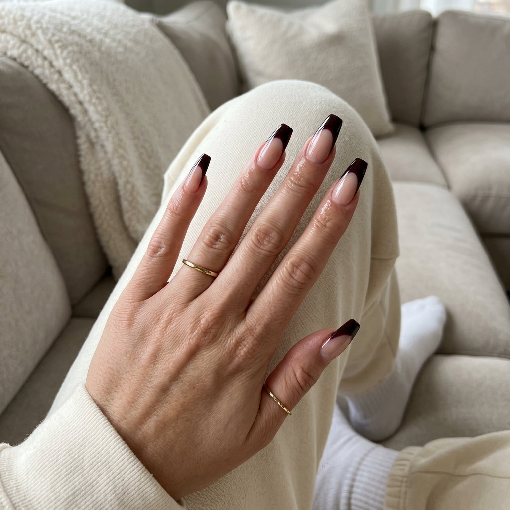 Black cherry reverse French nails for sultry summer manicure colors 2026. Date night style.