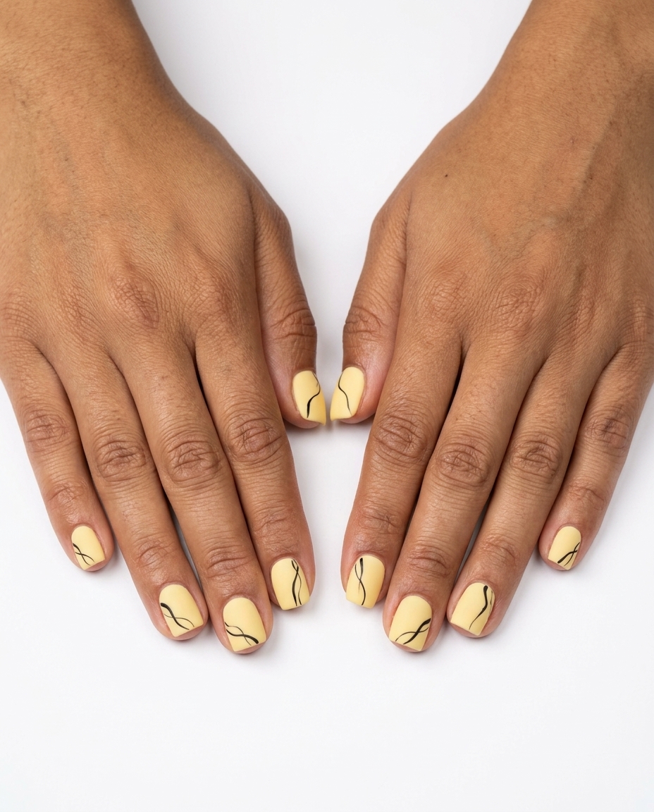 Butter yellow nails with abstract black lines for minimalist summer manicure colors 2026. Art gallery style.