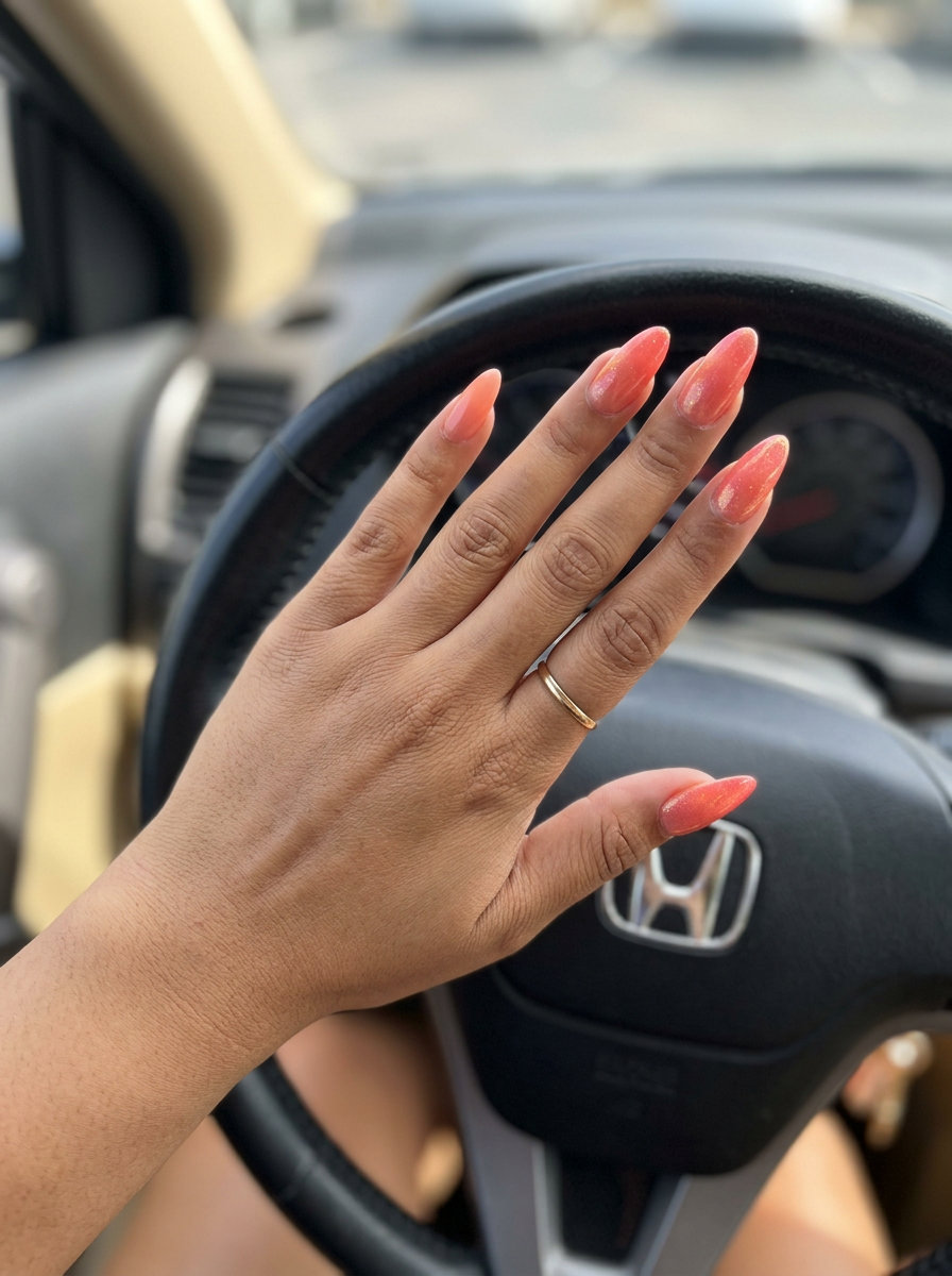 Coral reef shimmer gradient nails are a lively summer manicure color for 2026, perfect for beach parties.