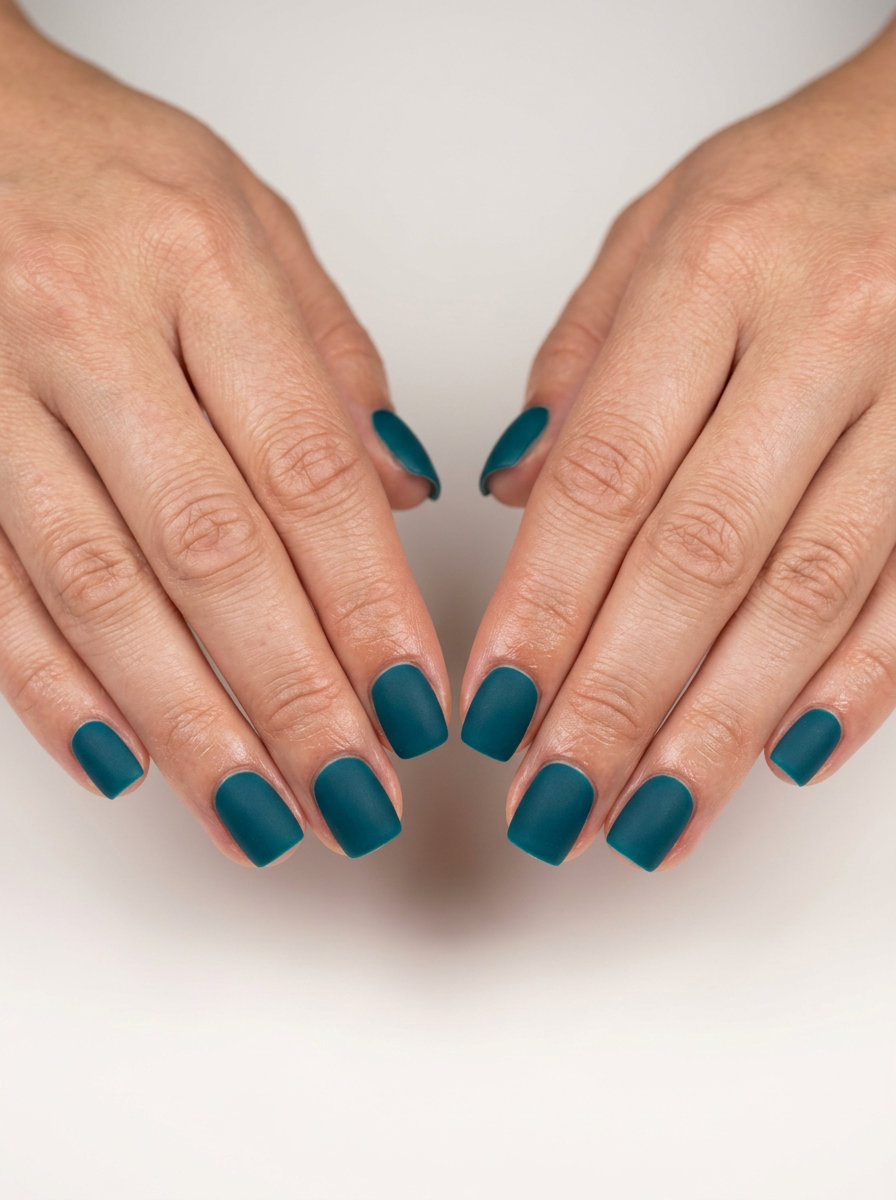 Deep teal velvet matte nails for sophisticated summer manicure colors 2026. Evening event style.