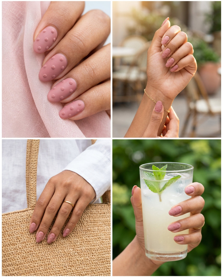 Dusty Rose Velvet Dots: Summer manicure colors 2026 for office & casual events. Romantic texture.