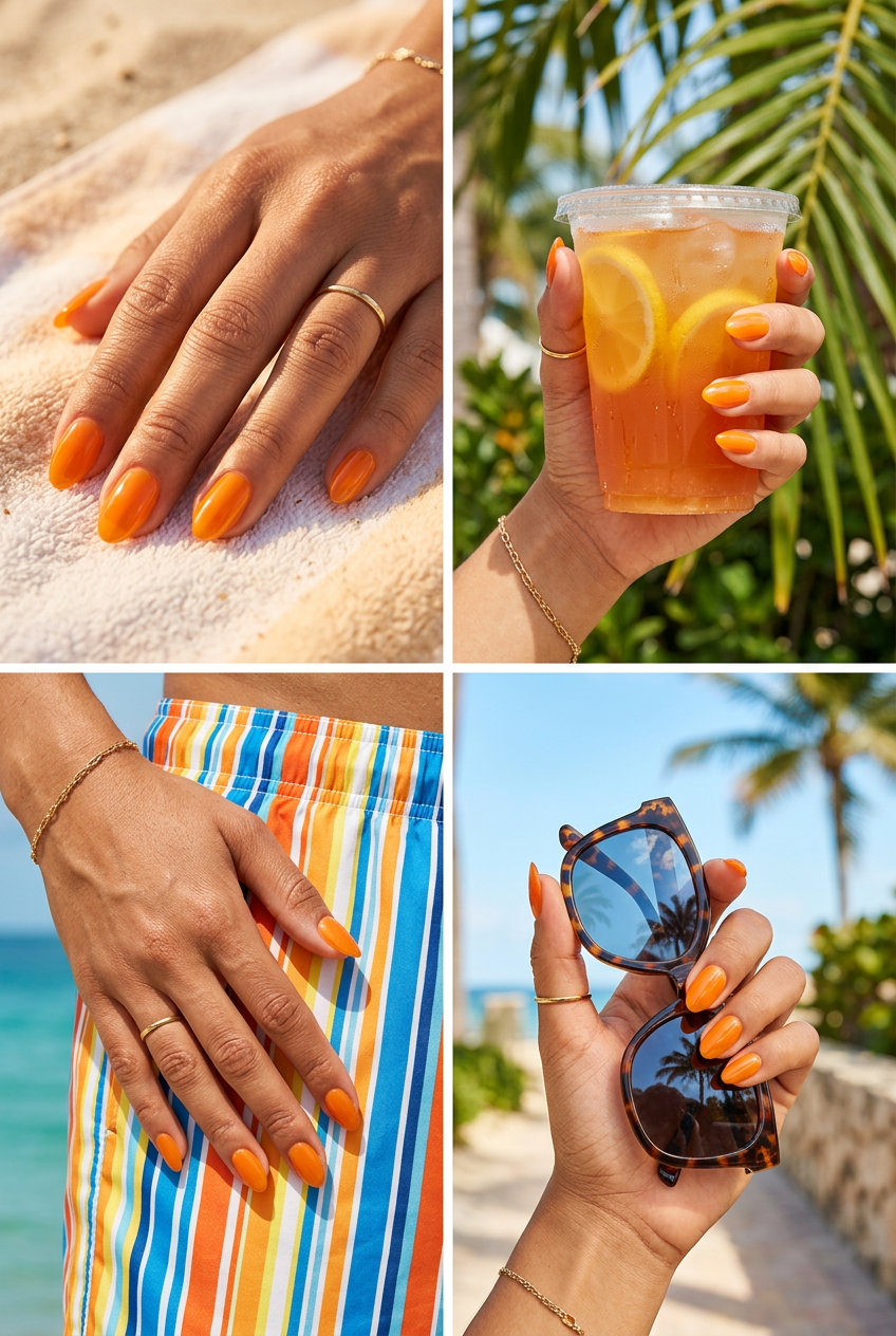 Juicy orange jelly nails for vibrant summer vacation manicure colors 2026.