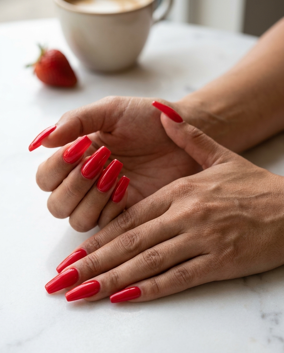 Juicy strawberry red glossy solid nails are a bold summer manicure color for 2026, perfect for parties.