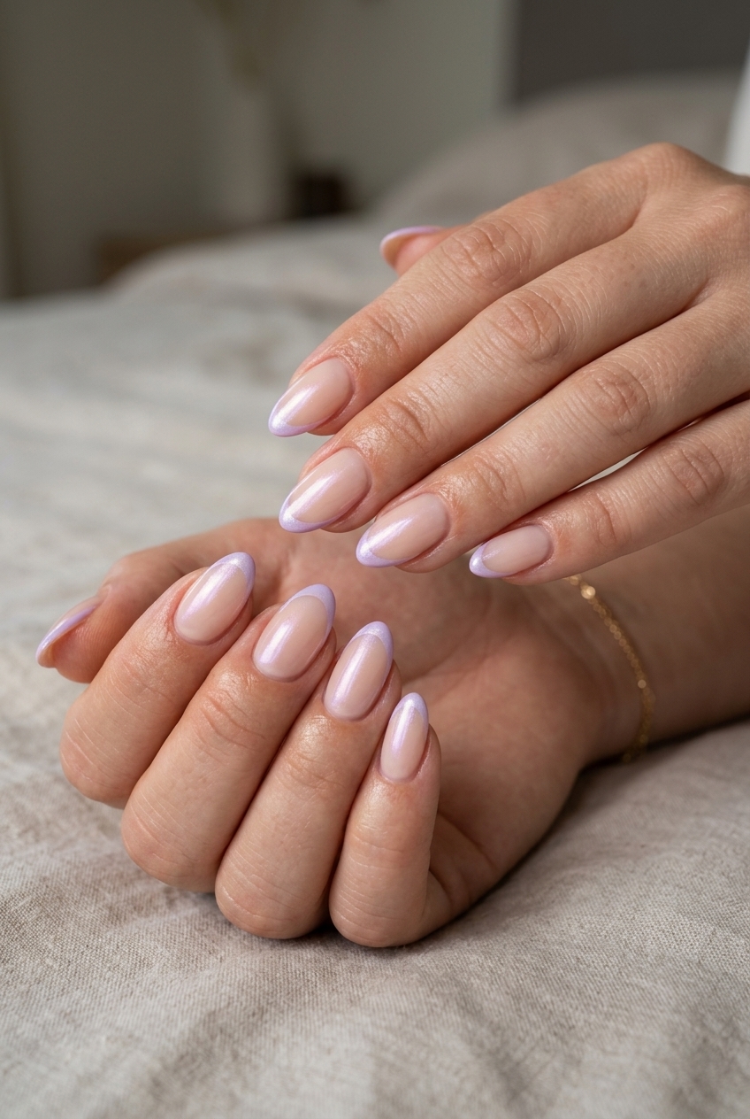 Lavender pearlescent micro French nails for romantic summer manicure colors 2026. Bridal style.