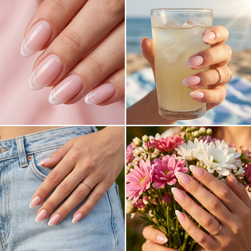 Milky Peach Micro French: Summer manicure colors 2026 for daily wear & bridal showers. Sophisticated.