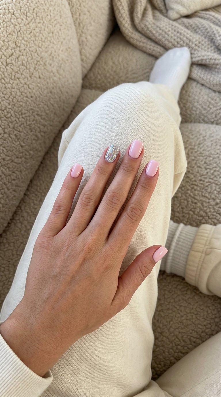Pastel pink nails with holographic glitter accent for summer manicure colors 2026. Casual, brunch style.