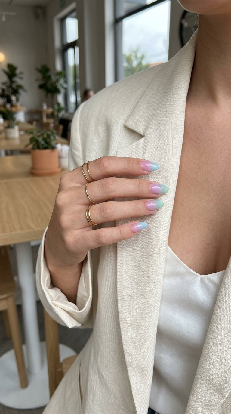 Pastel Rainbow Gradient Dream nails: a playful summer manicure color 2026 for festivals and casual outings.