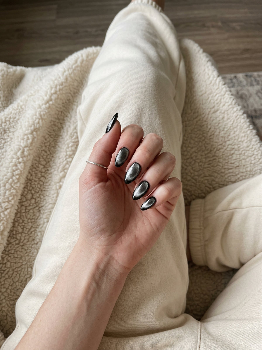 Silver chrome cat-eye nails for edgy festival summer manicure colors 2026.