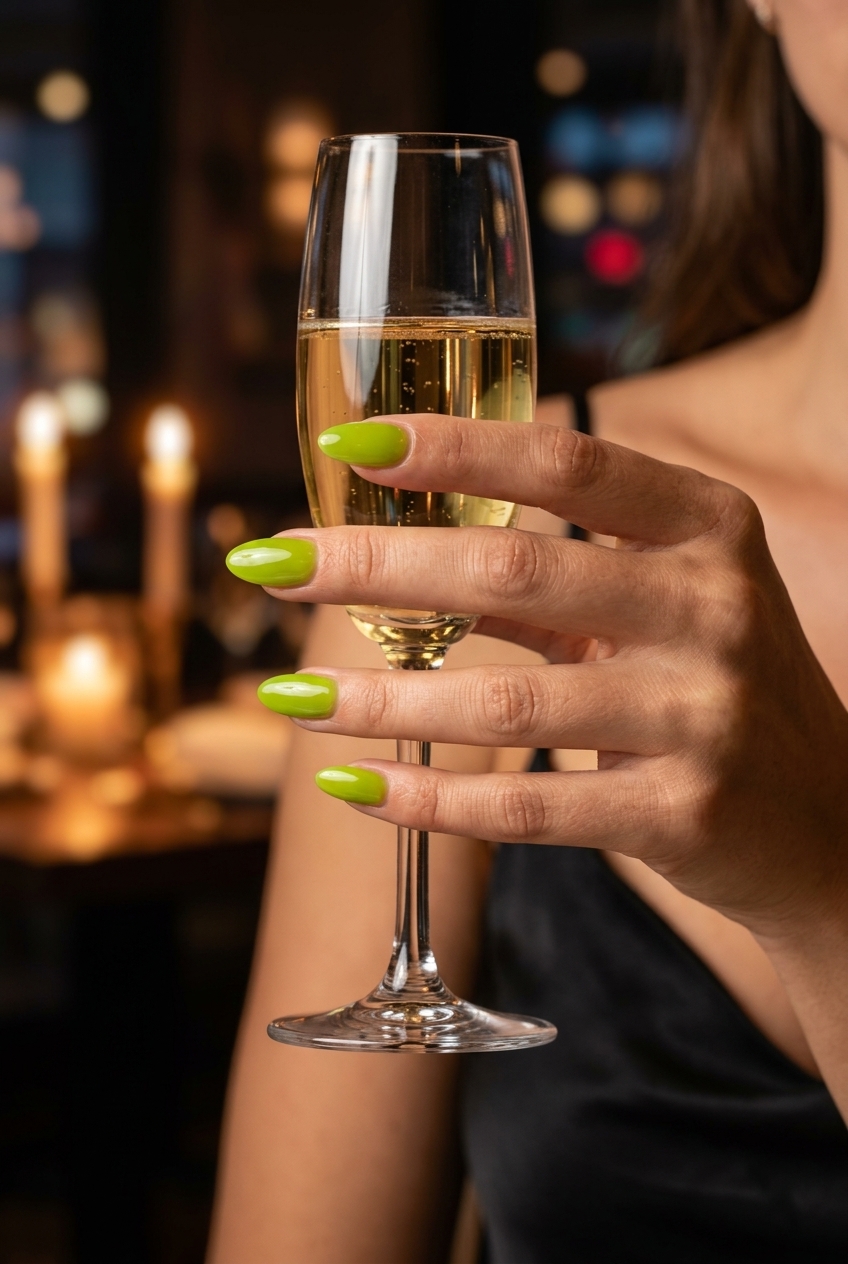 Vibrant lime green jelly nails for fun summer manicure colors 2026. Vacation style.