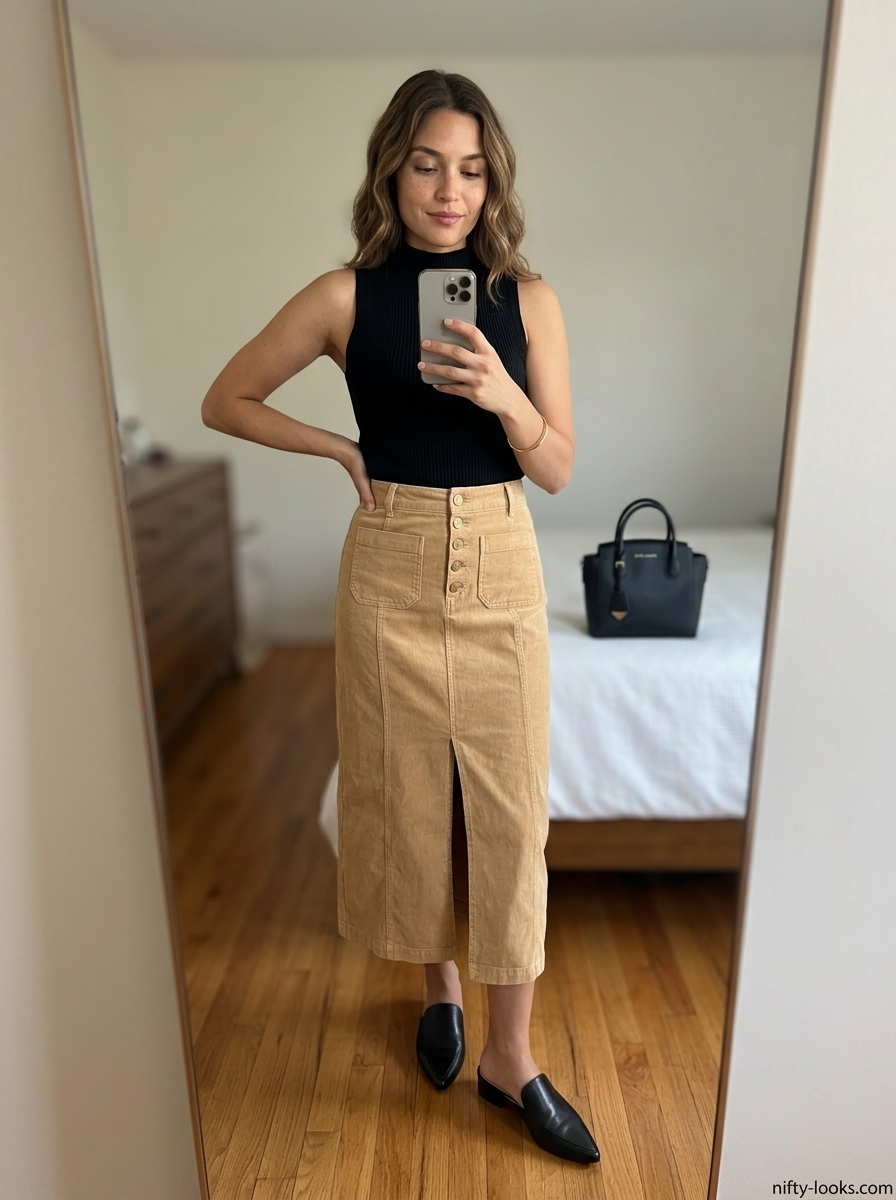 Summer Midi Skirt Outfits for Women 2026: Beige midi skirt, black top, and gold accessories for a minimalist chic look.
