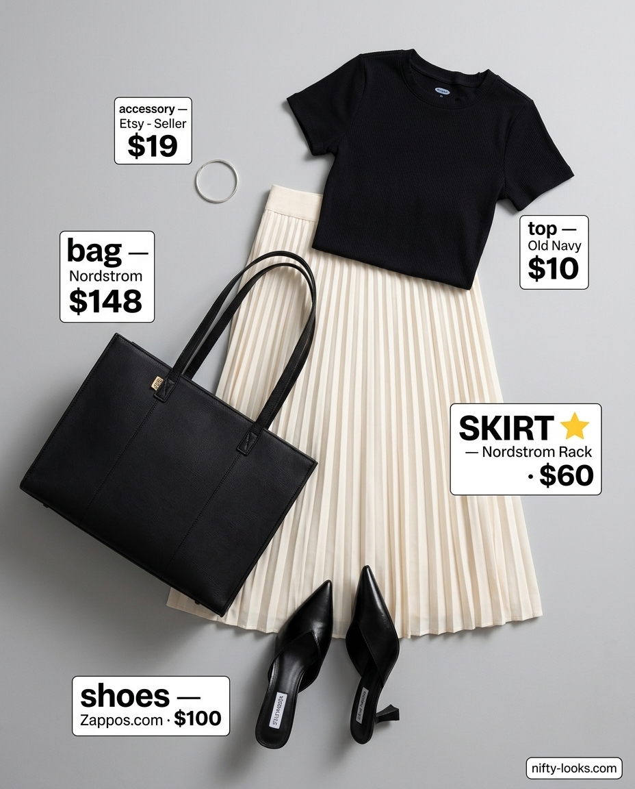 Summer midi skirt outfit for women 2026: Beige pleated midi skirt, black knit top, mules, tote bag for office casual.