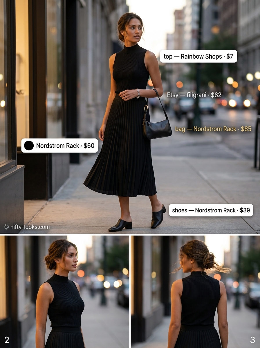 Summer Midi Skirt Outfits for Women 2026: Black pleated midi skirt with mock neck top and minimalist slides for a chic gallery look.