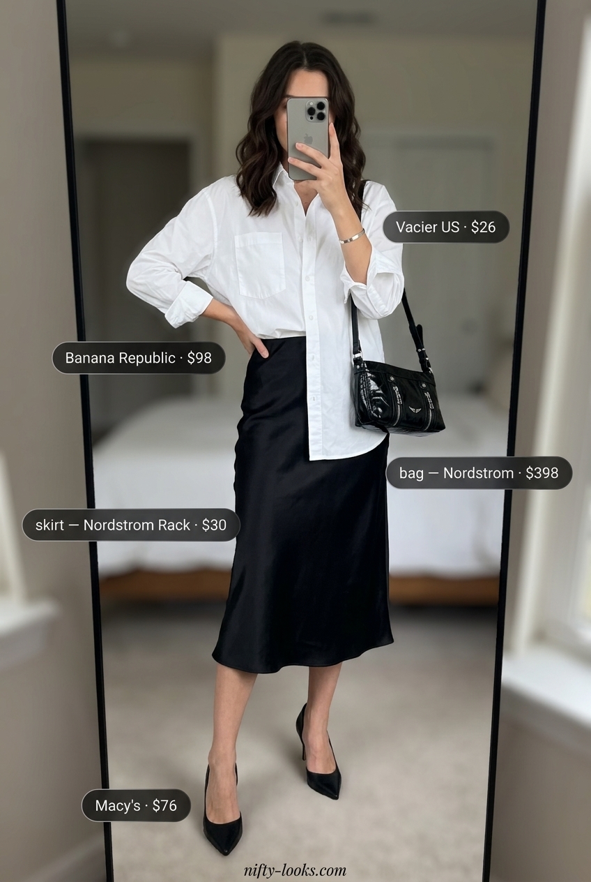 Summer Midi Skirt Outfits for Women 2026: Black satin midi skirt with white shirt and heels for a sophisticated urban look.