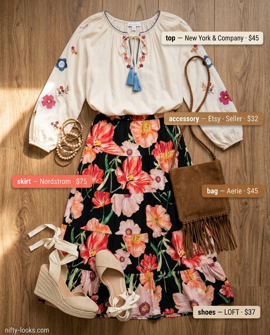 Boho rust floral midi skirt outfit for women 2026, perfect for festivals or casual summer days with a linen blouse & espadrilles.
