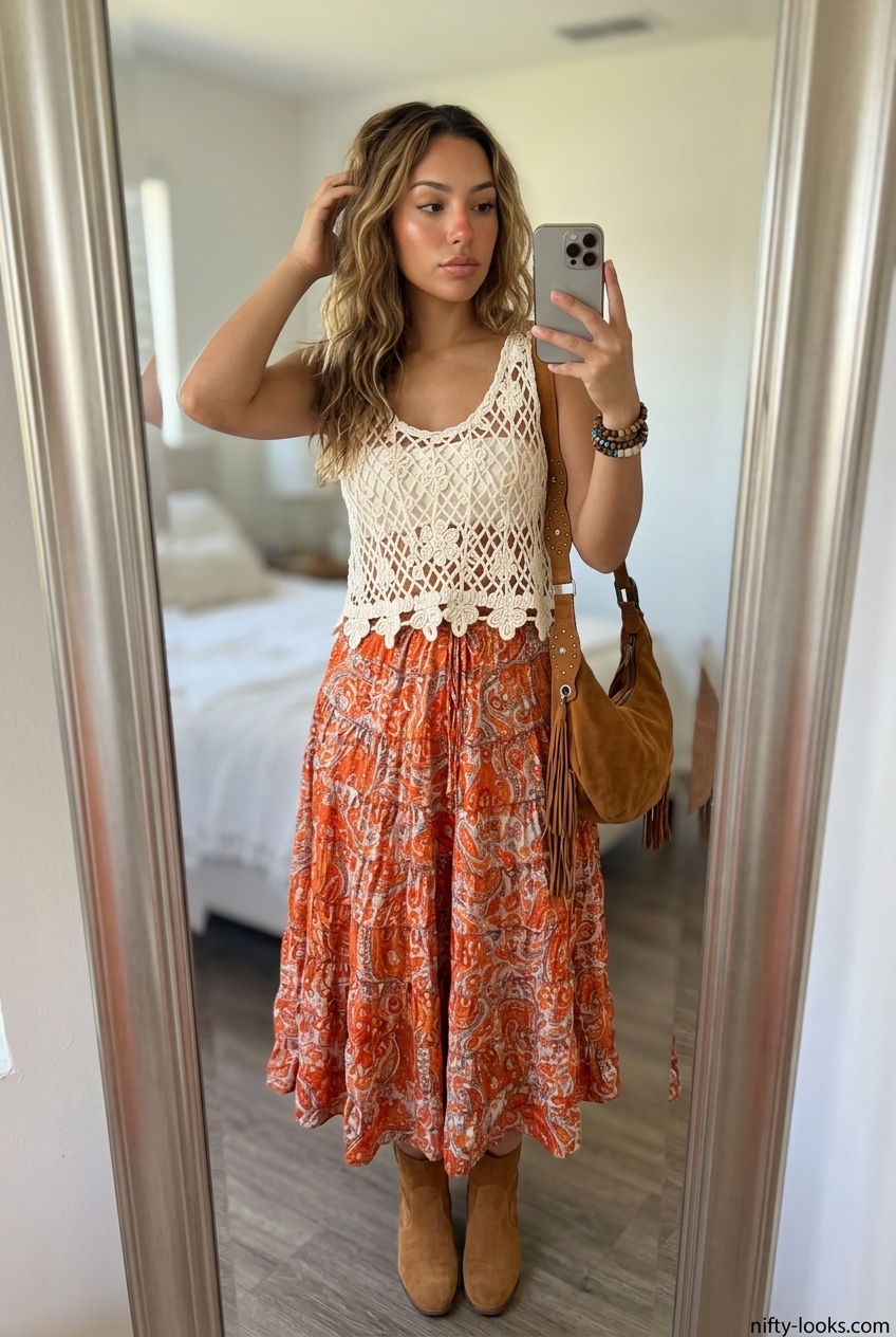 Boho burnt orange midi skirt outfit for women 2026, ideal for festivals or concerts with a crochet top & suede boots.