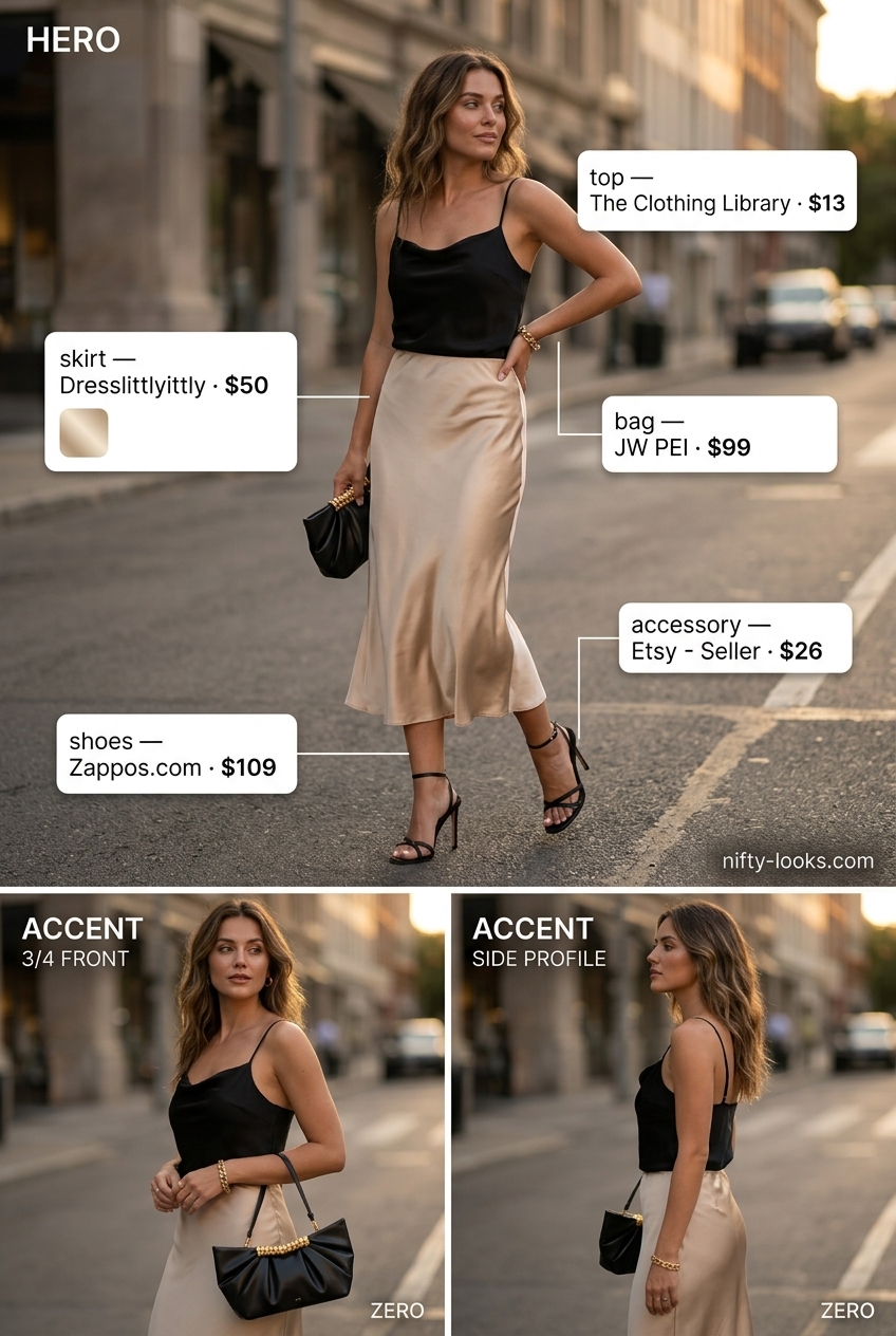 Elegant champagne midi skirt outfit for women 2026, perfect for dinner dates or cocktail parties with a black camisole & gold jewelry.