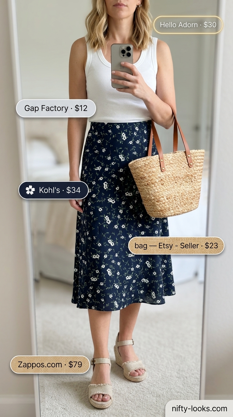 Summer midi skirt outfits for women 2026: Blue floral skirt, white tank, espadrilles for coastal breeze style.