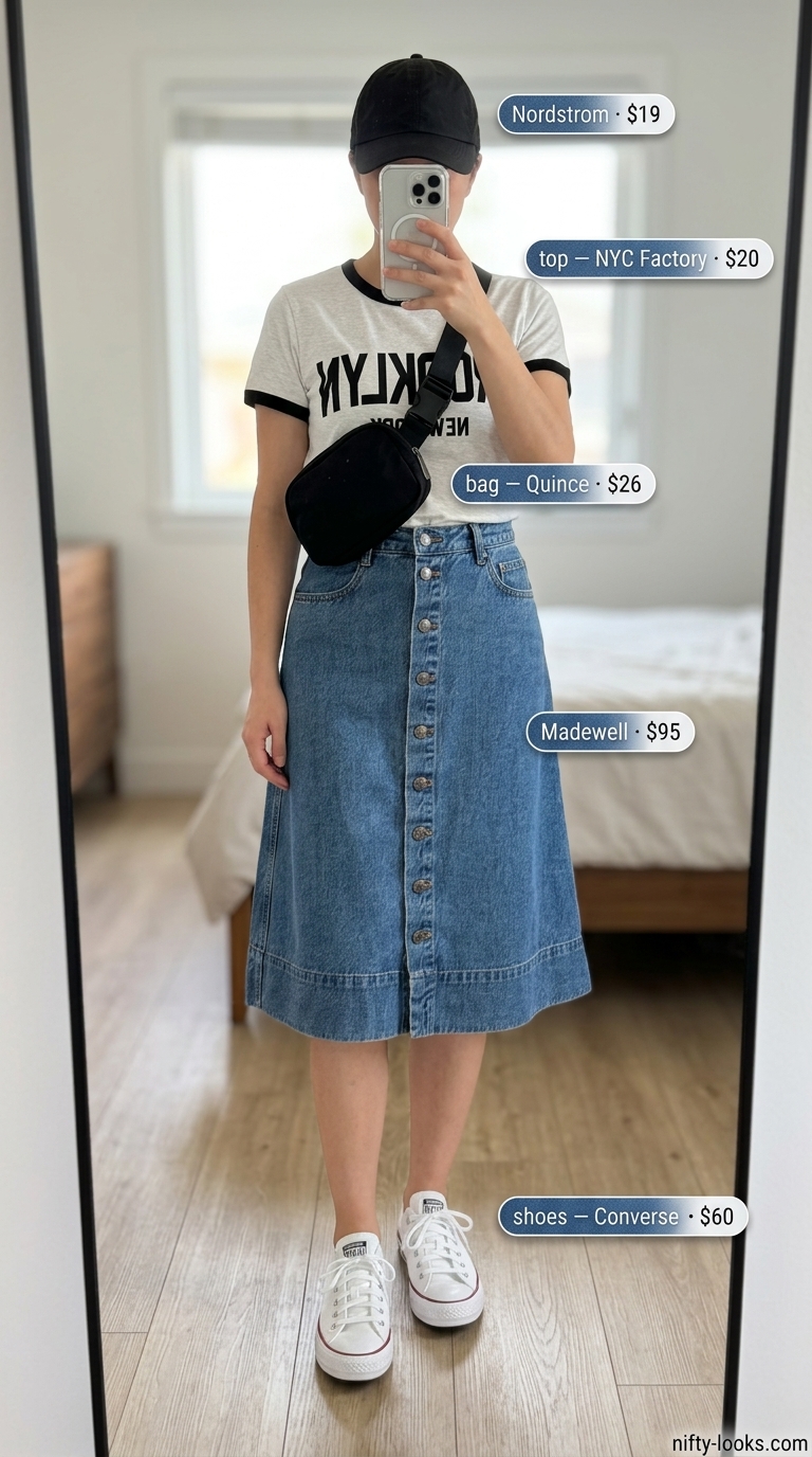 Summer Midi Skirt Outfits for Women 2026: Denim midi skirt with graphic tee and sneakers for a cool casual look.