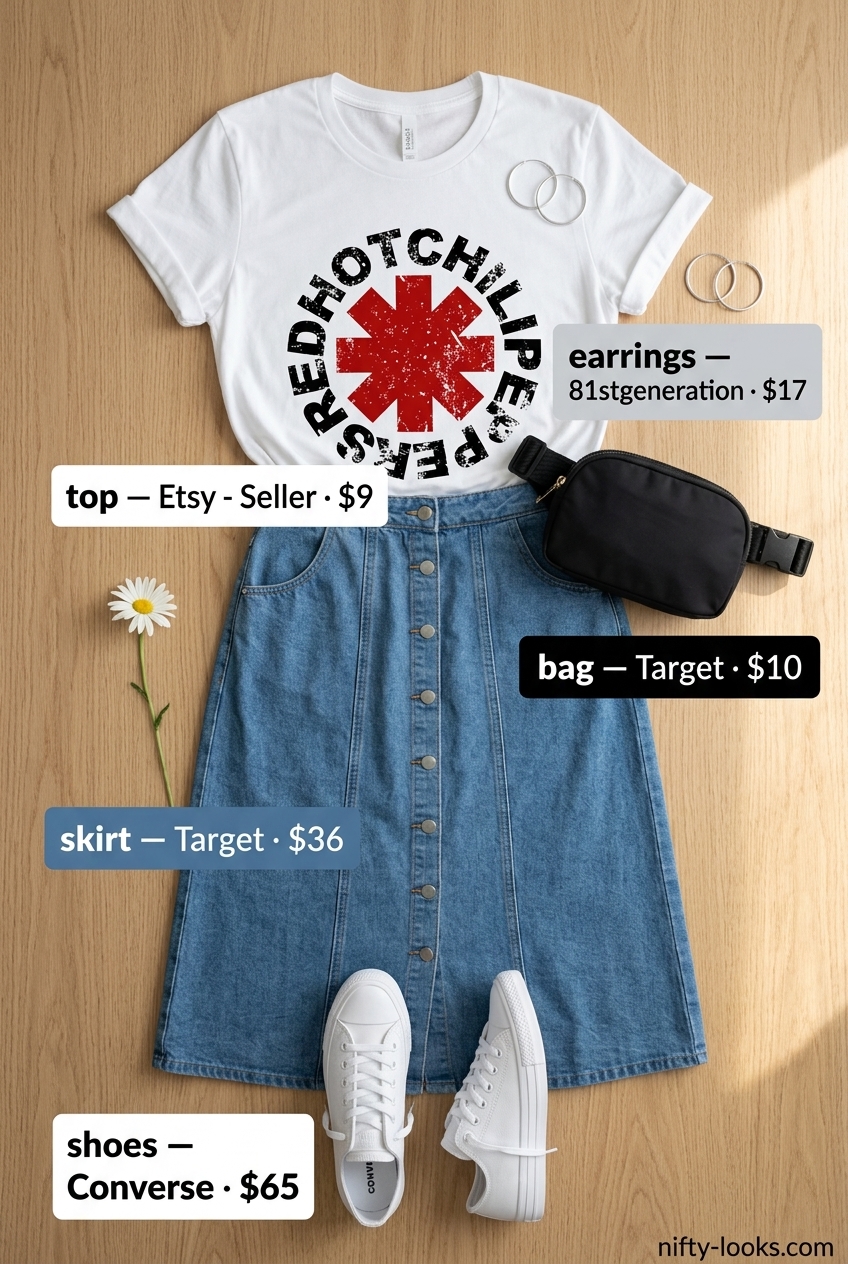 Casual denim midi skirt outfit for women 2026, great for weekends or concerts with a graphic tee & white sneakers.
