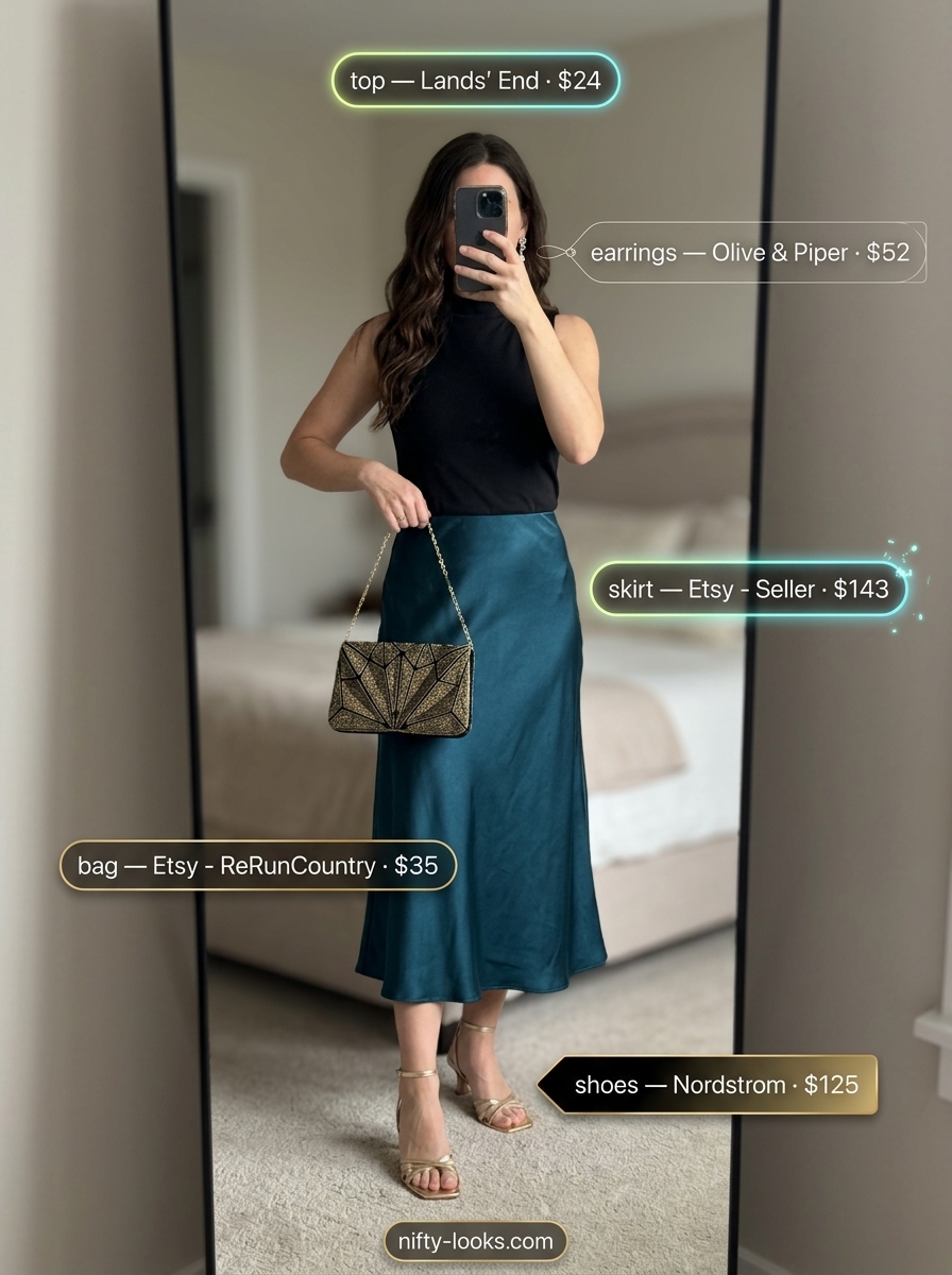 Summer midi skirt outfits for women 2026: Emerald silk skirt, black top, strappy heels for elegant evening.