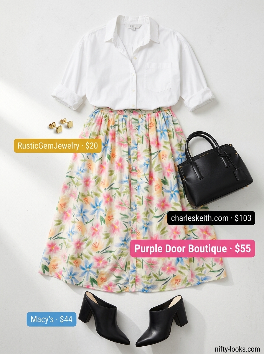 Summer Midi Skirt Outfits for Women 2026: Floral midi skirt with white oversized shirt for a vibrant city chic look.