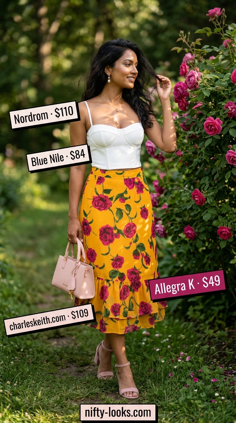 Romantic floral midi skirt outfit for women 2026, perfect for garden parties or date nights with a corset top & block heels.