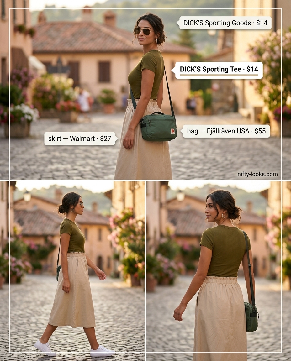 Khaki midi skirt outfit for women 2026, ideal for day trips or casual exploration with a knit top & aviators.