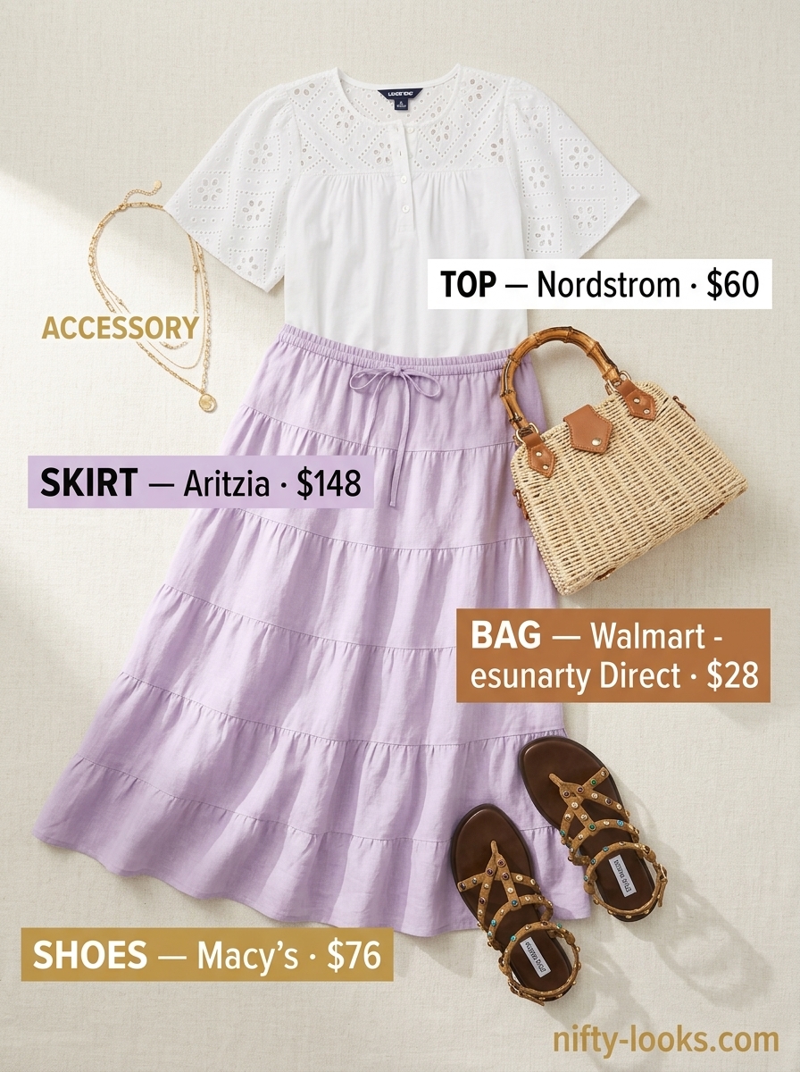 Summer midi skirt outfits for women 2026: Lilac linen skirt, eyelet blouse, flat sandals for garden party.