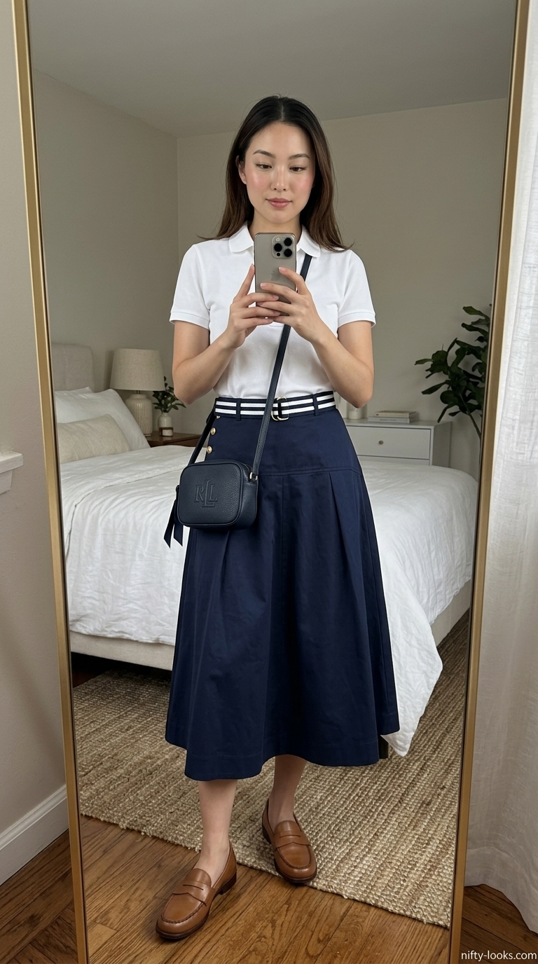 Preppy navy midi skirt outfit for women 2026, ideal for country club or smart casual days with a white polo & tan loafers.