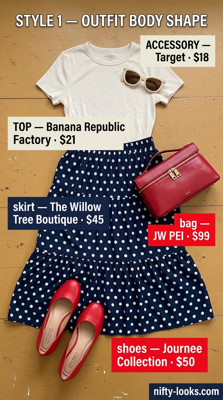 Summer midi skirt outfits for women 2026: Navy polka dot skirt, cream top, block heels for vintage vibe.