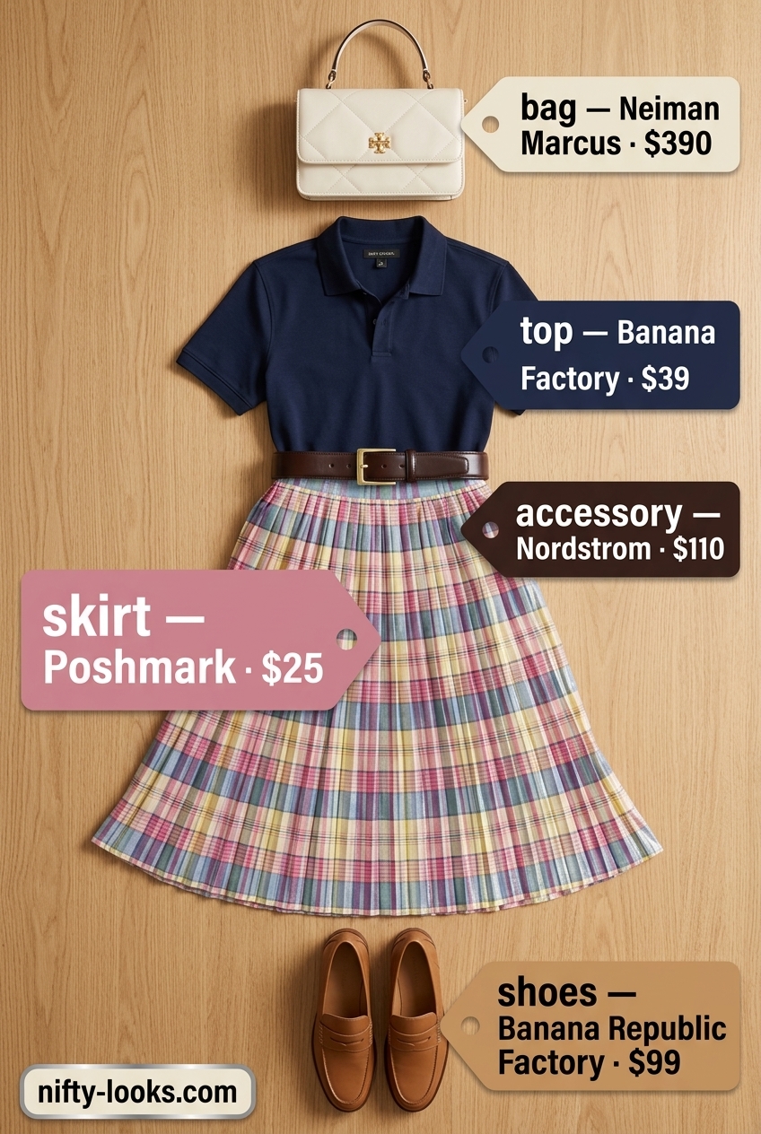 Summer midi skirt outfits for women 2026: Pastel plaid skirt, navy polo, loafers for preppy summer style.