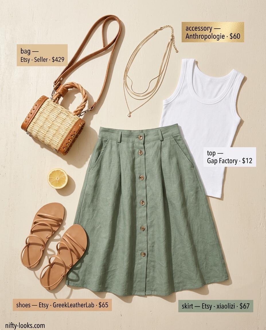 Sage green linen midi skirt outfit for women 2026, ideal for coastal towns or brunch with a ribbed tank & leather sandals.
