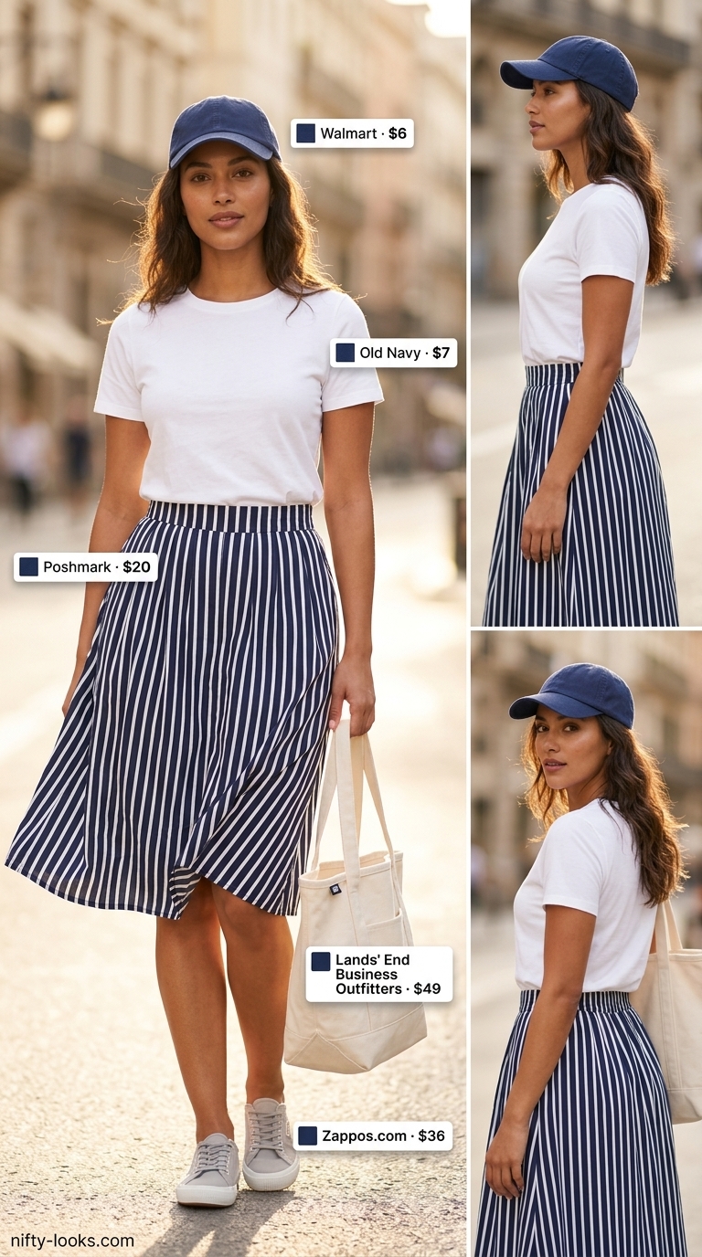 Summer Midi Skirt Outfits for Women 2026: Navy striped midi skirt with white tee and sneakers for a casual park look.