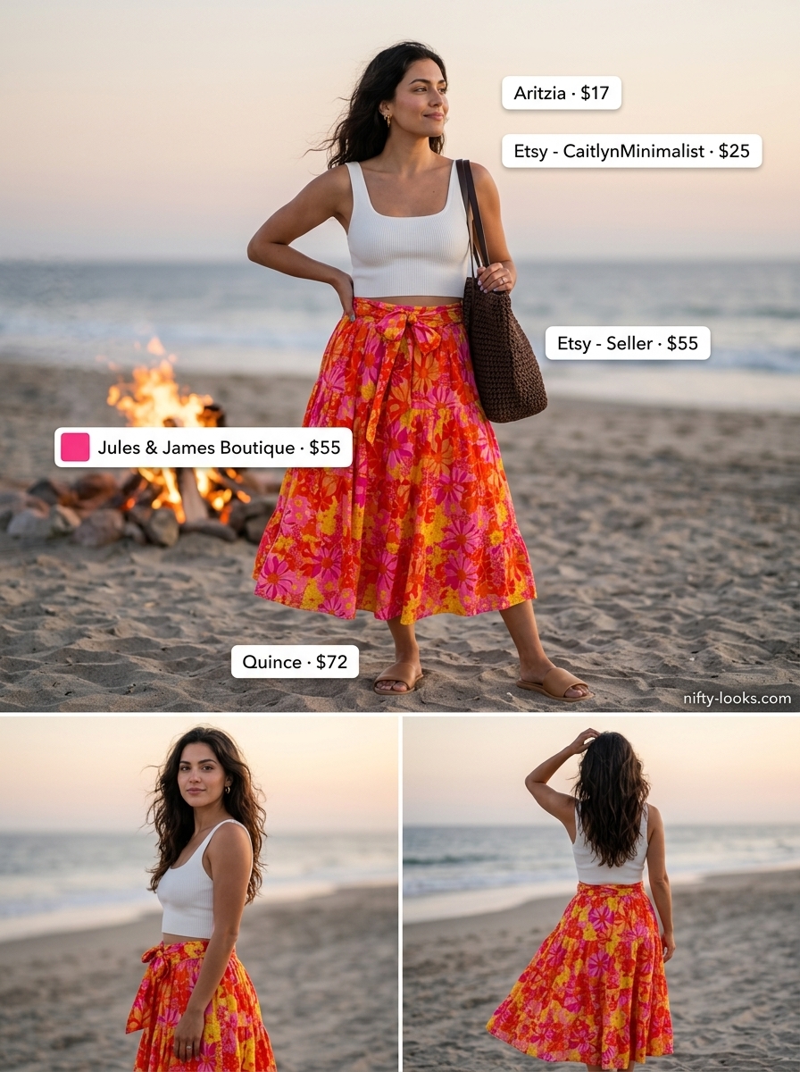 Summer midi skirt outfits for women 2026: Sunset gradient skirt, white crop top, flat slides for beach bonfire.