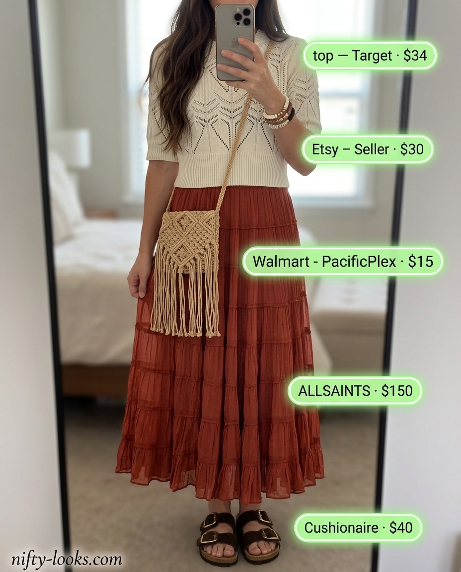 Summer midi skirt outfits for women 2026: Terracotta tiered skirt, crochet top, suede sandals for boho festival.