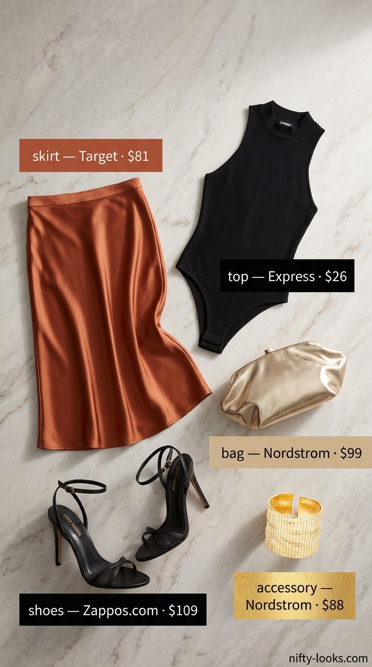 Terracotta satin midi skirt outfit for women 2026, perfect for date night or cocktail hour with a black bodysuit & gold accessories.