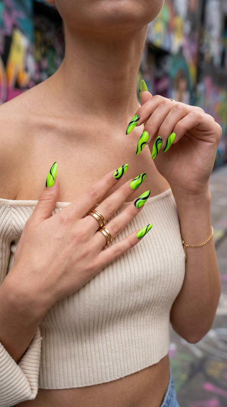 Neon Lime Abstract Swirls Nails 2026 Neon Lime Abstract Swirls nails with summer nail colors 2026. Edgy, bold for festivals.