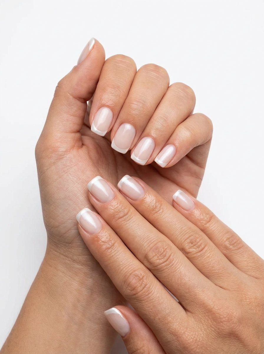 Elegant French Tip Nails 2026: Wedding & Bridal Style Pearlescent White French Tip nails: sophisticated milky nude base with luminous white tips for weddings or daily chic.