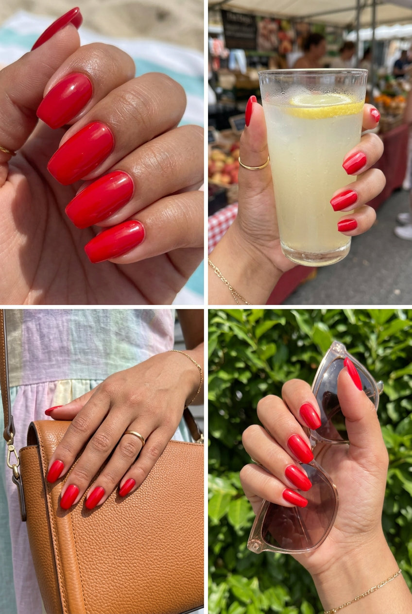 Bold Classic Red Lipstick summer nail manicure ideas 2026. Sophisticated red nails in a sharp lipstick shape for date nights.